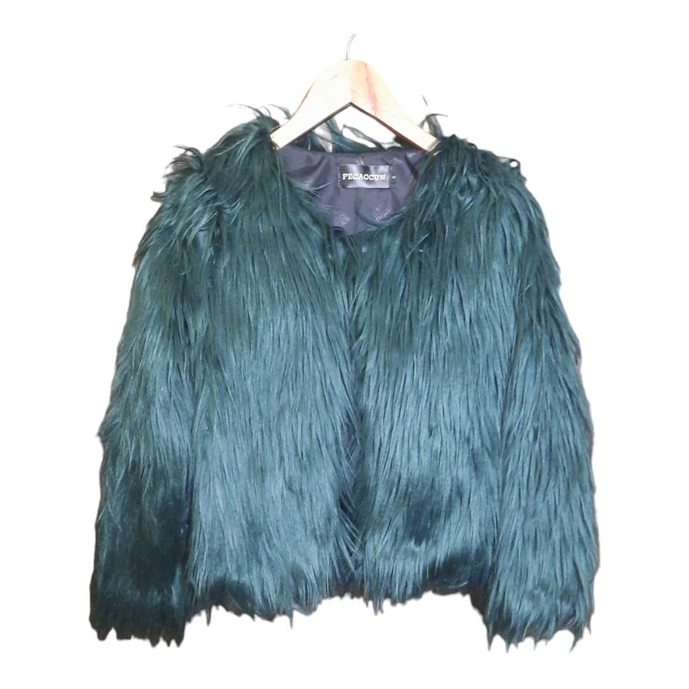 Pecaocun Womens Teal Green Faux Fur Fluffy Jacket Size Small